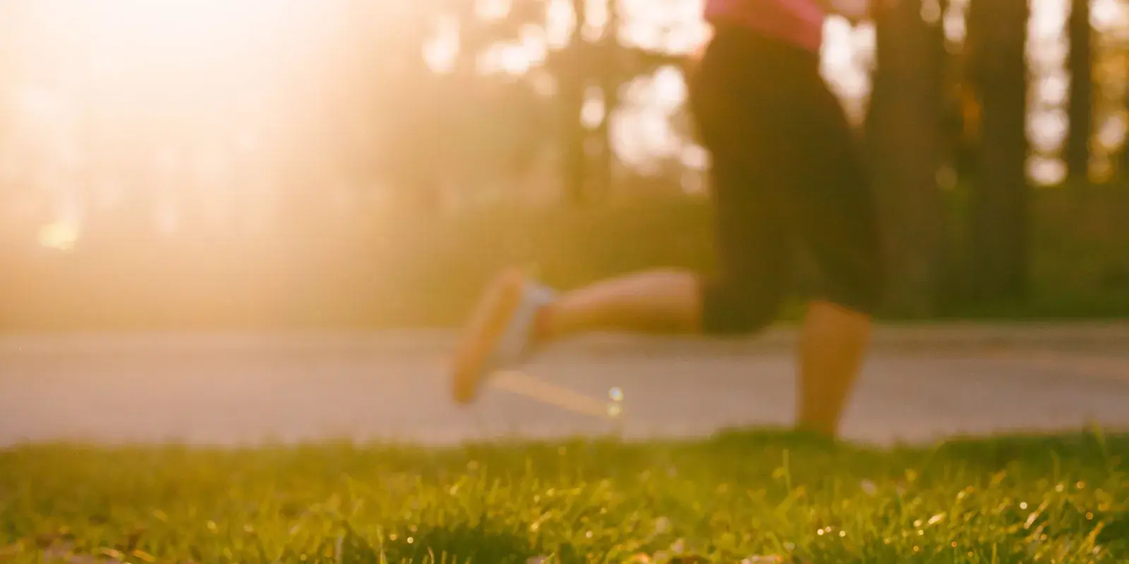 A runner on a park path in warm low sunlight, with sunlit grass in the foreground